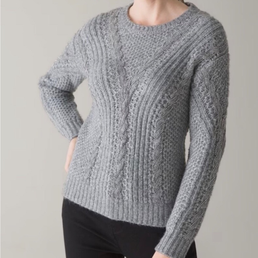 WHBM Elegant Gray Crewneck Embellished Cable Knit Sweater XS